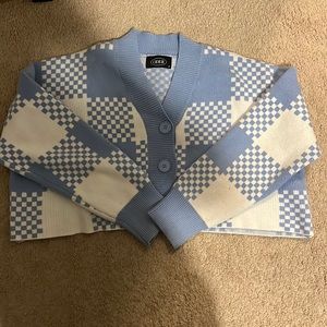 Cider blue and white plaid cropped button up sweater